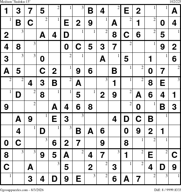 The grouppuzzles.com Medium Sudoku-15 puzzle for Monday August 3, 2026 with the first 3 steps marked