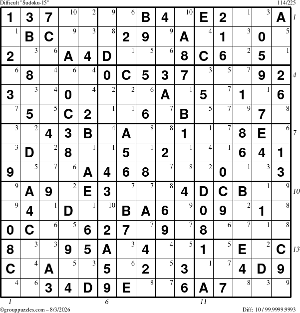 The grouppuzzles.com Difficult Sudoku-15 puzzle for Monday August 3, 2026 with all 10 steps marked
