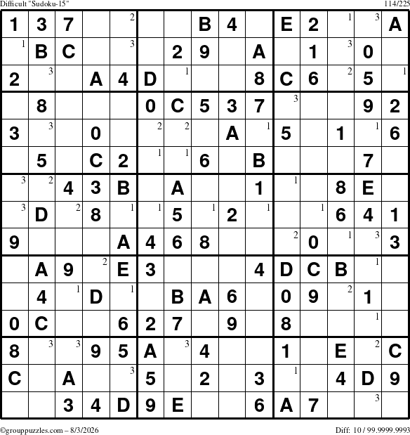 The grouppuzzles.com Difficult Sudoku-15 puzzle for Monday August 3, 2026 with the first 3 steps marked