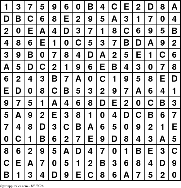 The grouppuzzles.com Answer grid for the Sudoku-15 puzzle for Monday August 3, 2026