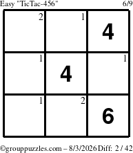 The grouppuzzles.com Easy TicTac-456 puzzle for Monday August 3, 2026 with the first 2 steps marked