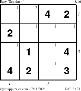 The grouppuzzles.com Easy Sudoku-4 puzzle for Saturday July 11, 2026, suitable for printing, with all 2 steps marked
