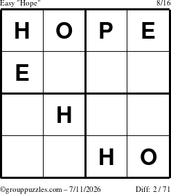 The grouppuzzles.com Easy Hope puzzle for Saturday July 11, 2026