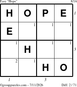 The grouppuzzles.com Easy Hope puzzle for Saturday July 11, 2026, suitable for printing, with all 2 steps marked