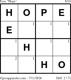The grouppuzzles.com Easy Hope puzzle for Saturday July 11, 2026 with the first 2 steps marked
