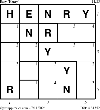 The grouppuzzles.com Easy Henry puzzle for Saturday July 11, 2026, suitable for printing, with all 4 steps marked