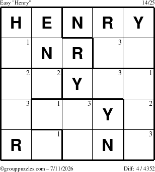 The grouppuzzles.com Easy Henry puzzle for Saturday July 11, 2026 with the first 3 steps marked