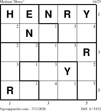 The grouppuzzles.com Medium Henry puzzle for Saturday July 11, 2026, suitable for printing, with all 4 steps marked