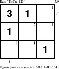 The grouppuzzles.com Easy TicTac-123 puzzle for Saturday July 11, 2026, suitable for printing, with all 2 steps marked