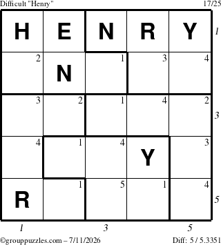 The grouppuzzles.com Difficult Henry puzzle for Saturday July 11, 2026 with all 5 steps marked