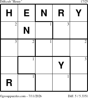 The grouppuzzles.com Difficult Henry puzzle for Saturday July 11, 2026 with the first 3 steps marked
