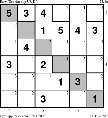 The grouppuzzles.com Easy Sudoku-6up-UR-D puzzle for Saturday July 11, 2026 with all 3 steps marked
