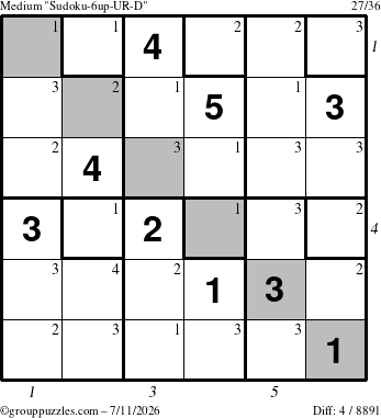 The grouppuzzles.com Medium Sudoku-6up-UR-D puzzle for Saturday July 11, 2026 with all 4 steps marked