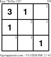 The grouppuzzles.com Easy TicTac-123 puzzle for Saturday July 11, 2026 with the first 2 steps marked