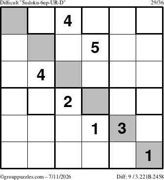 The grouppuzzles.com Difficult Sudoku-6up-UR-D puzzle for Saturday July 11, 2026