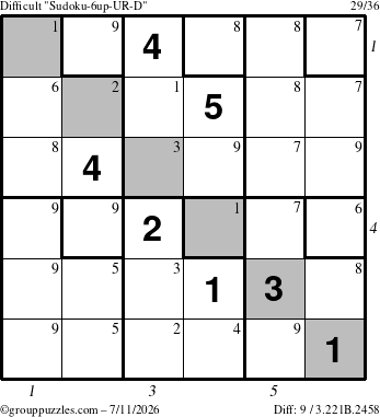 The grouppuzzles.com Difficult Sudoku-6up-UR-D puzzle for Saturday July 11, 2026 with all 9 steps marked