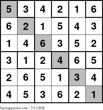 The grouppuzzles.com Answer grid for the Sudoku-6up-UR-D puzzle for Saturday July 11, 2026