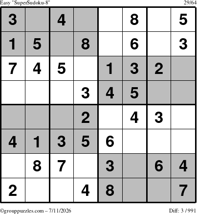 The grouppuzzles.com Easy SuperSudoku-8 puzzle for Saturday July 11, 2026