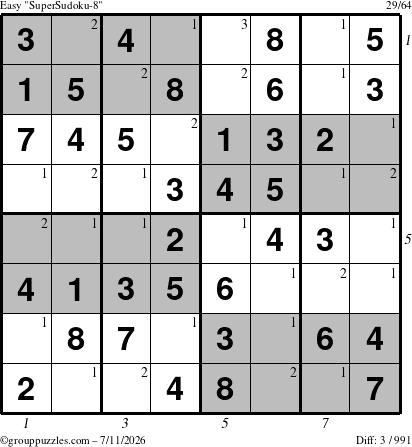 The grouppuzzles.com Easy SuperSudoku-8 puzzle for Saturday July 11, 2026 with all 3 steps marked