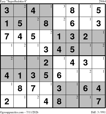 The grouppuzzles.com Easy SuperSudoku-8 puzzle for Saturday July 11, 2026 with the first 3 steps marked