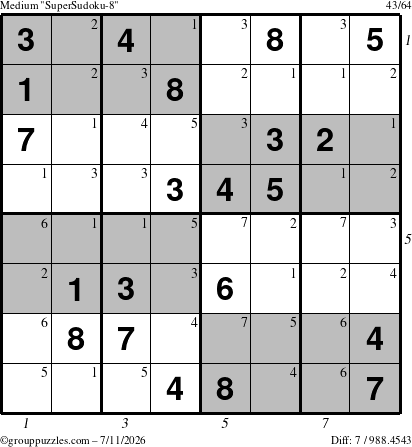 The grouppuzzles.com Medium SuperSudoku-8 puzzle for Saturday July 11, 2026 with all 7 steps marked