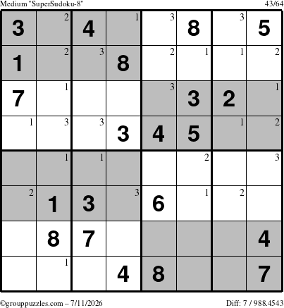 The grouppuzzles.com Medium SuperSudoku-8 puzzle for Saturday July 11, 2026 with the first 3 steps marked