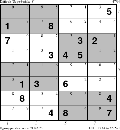 The grouppuzzles.com Difficult SuperSudoku-8 puzzle for Saturday July 11, 2026 with all 10 steps marked