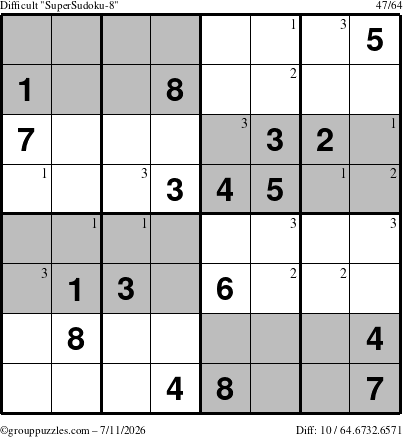 The grouppuzzles.com Difficult SuperSudoku-8 puzzle for Saturday July 11, 2026 with the first 3 steps marked