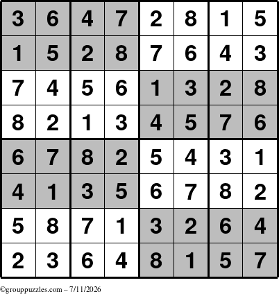The grouppuzzles.com Answer grid for the SuperSudoku-8 puzzle for Saturday July 11, 2026