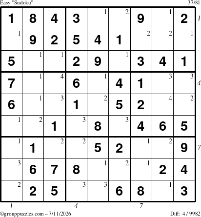 The grouppuzzles.com Easy Sudoku puzzle for Saturday July 11, 2026 with all 4 steps marked