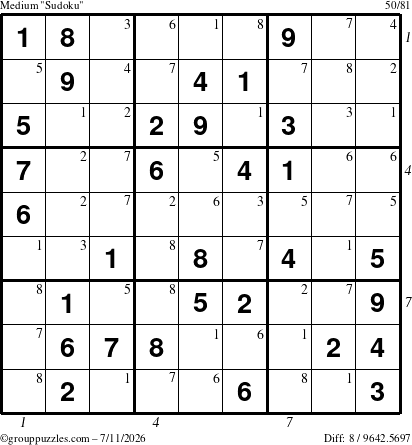 The grouppuzzles.com Medium Sudoku puzzle for Saturday July 11, 2026 with all 8 steps marked
