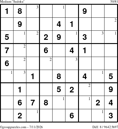 The grouppuzzles.com Medium Sudoku puzzle for Saturday July 11, 2026 with the first 3 steps marked