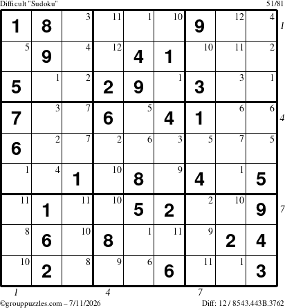 The grouppuzzles.com Difficult Sudoku puzzle for Saturday July 11, 2026 with all 12 steps marked