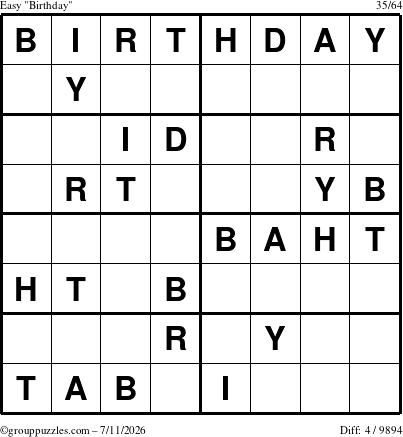 The grouppuzzles.com Easy Birthday puzzle for Saturday July 11, 2026