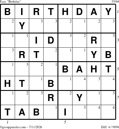The grouppuzzles.com Easy Birthday puzzle for Saturday July 11, 2026 with all 4 steps marked