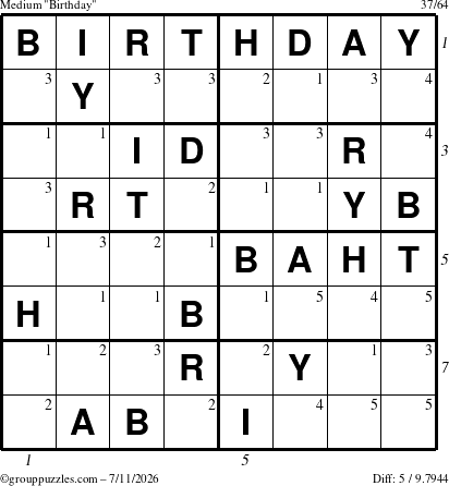 The grouppuzzles.com Medium Birthday puzzle for Saturday July 11, 2026, suitable for printing, with all 5 steps marked