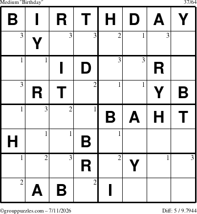 The grouppuzzles.com Medium Birthday puzzle for Saturday July 11, 2026 with the first 3 steps marked