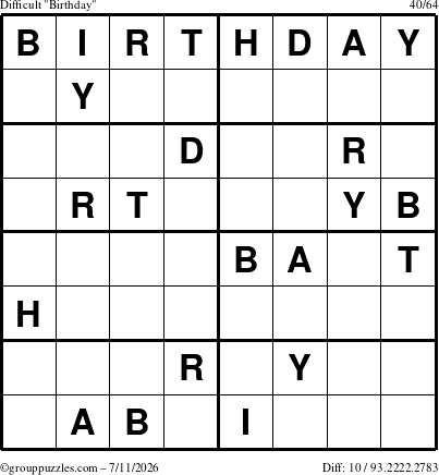 The grouppuzzles.com Difficult Birthday puzzle for Saturday July 11, 2026