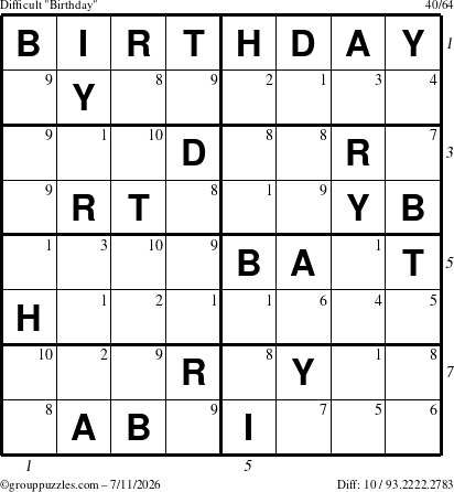 The grouppuzzles.com Difficult Birthday puzzle for Saturday July 11, 2026, suitable for printing, with all 10 steps marked