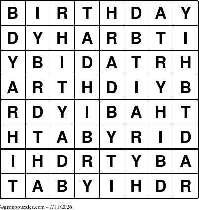 The grouppuzzles.com Answer grid for the Birthday puzzle for Saturday July 11, 2026