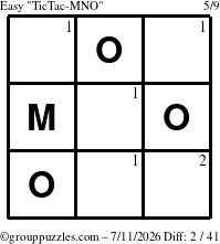 The grouppuzzles.com Easy TicTac-MNO puzzle for Saturday July 11, 2026 with the first 2 steps marked