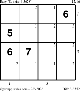 The grouppuzzles.com Easy Sudoku-4-5678 puzzle for Friday February 6, 2026, suitable for printing, with all 3 steps marked