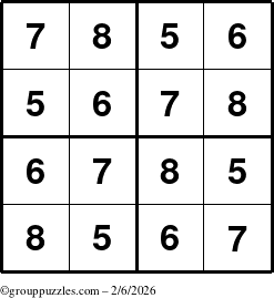 The grouppuzzles.com Answer grid for the Sudoku-4-5678 puzzle for Friday February 6, 2026