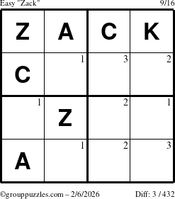 The grouppuzzles.com Easy Zack puzzle for Friday February 6, 2026 with the first 3 steps marked