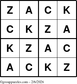 The grouppuzzles.com Answer grid for the Zack puzzle for Friday February 6, 2026