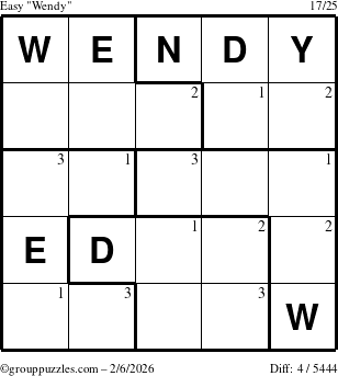 The grouppuzzles.com Easy Wendy puzzle for Friday February 6, 2026 with the first 3 steps marked