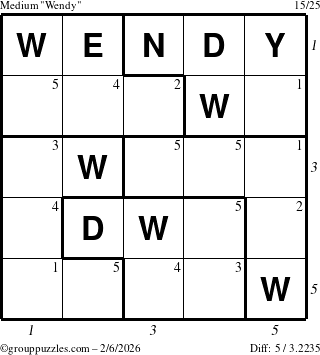 The grouppuzzles.com Medium Wendy puzzle for Friday February 6, 2026, suitable for printing, with all 5 steps marked