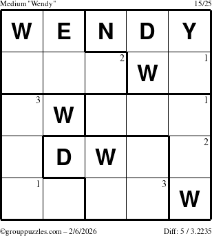 The grouppuzzles.com Medium Wendy puzzle for Friday February 6, 2026 with the first 3 steps marked