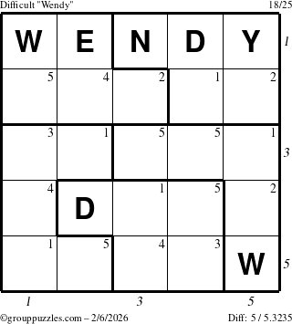 The grouppuzzles.com Difficult Wendy puzzle for Friday February 6, 2026, suitable for printing, with all 5 steps marked