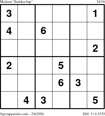 The grouppuzzles.com Medium Sudoku-6up puzzle for Friday February 6, 2026